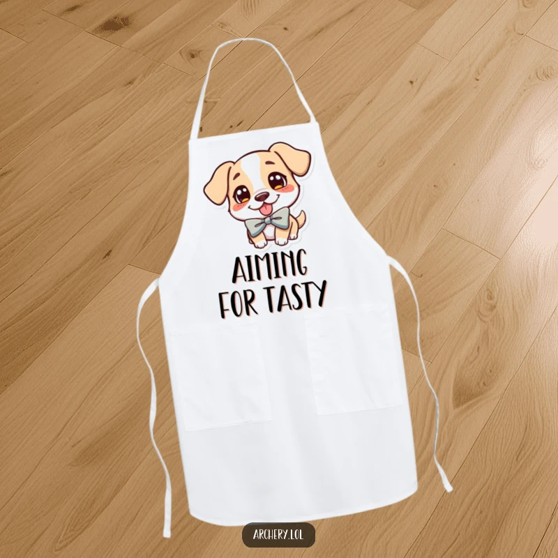 Funny Dog Archer Apron: A cheerful dog with tongue out, aiming a bow while wearing an apron, ready to cook.