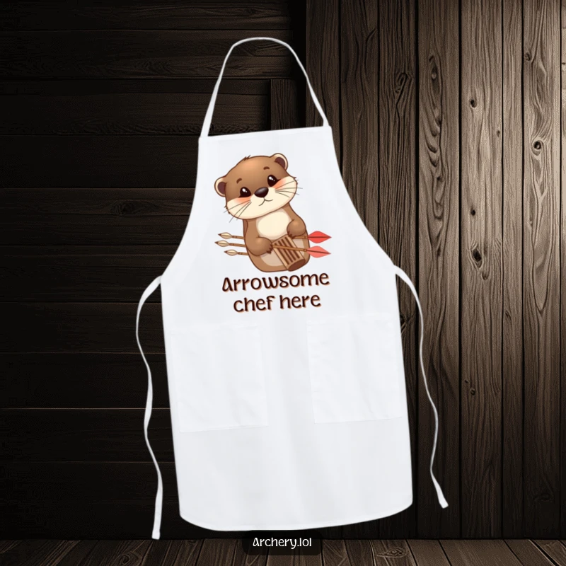 Funny Apron featuring a curious otter peeking from behind an arrow quiver, perfect for kitchen and archery.