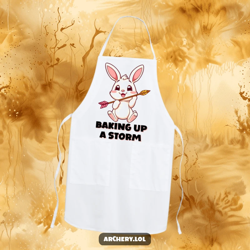Funny bunny archer apron showing a cheerful bunny nocking an arrow, ideal for humorous cooking.