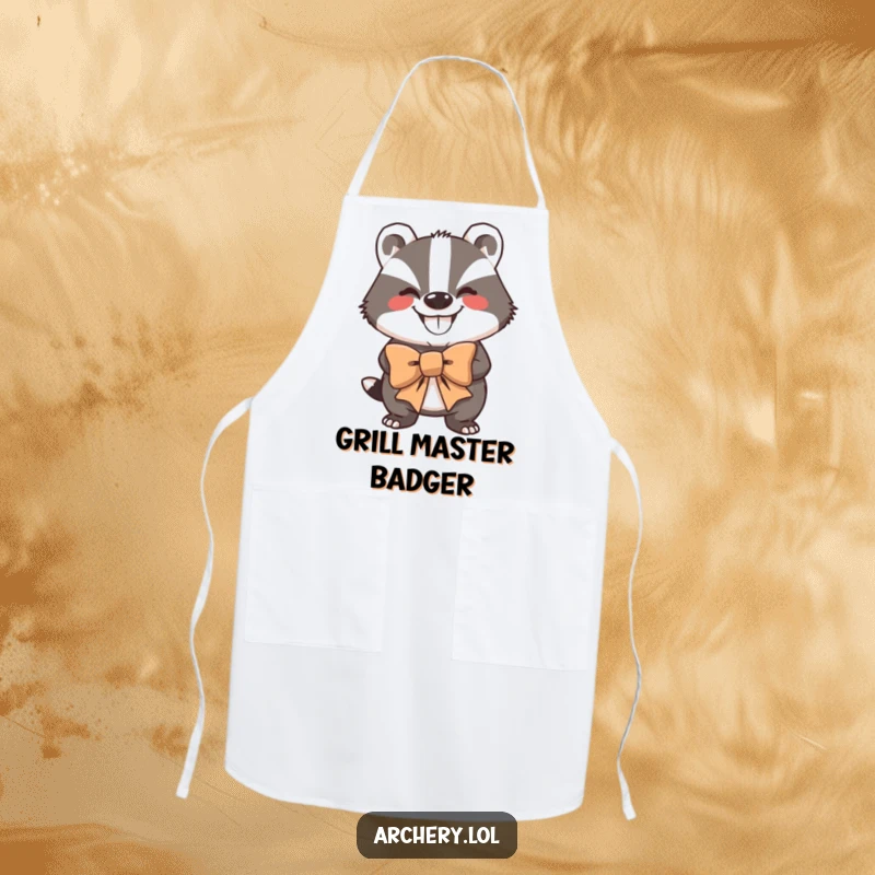 Funny Apron: A grinning badger holding a large bow, looking strong and ready to cook.