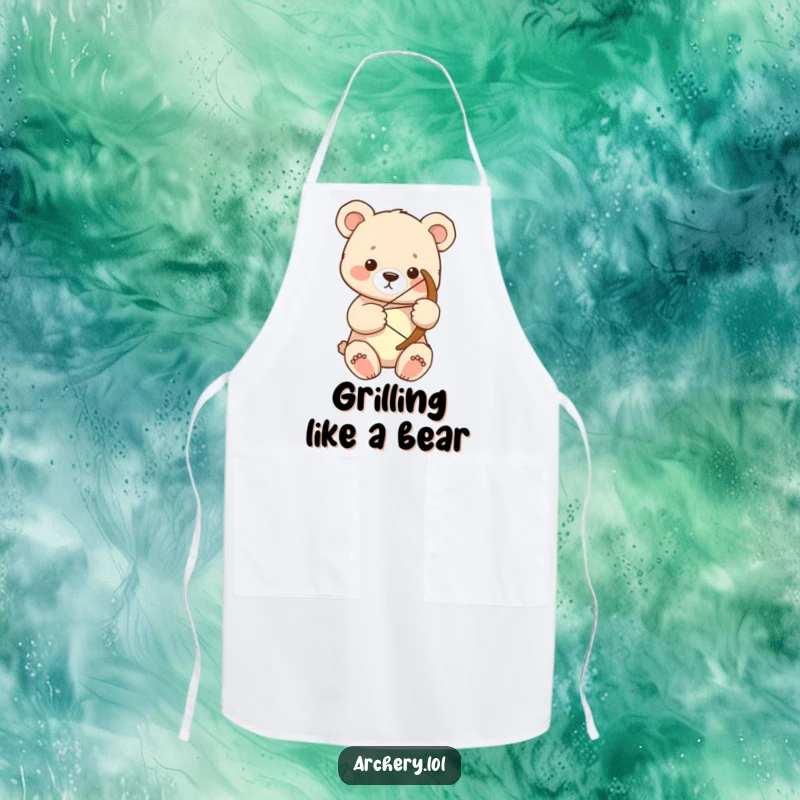 Funny bear cub archer apron showing a focused cub holding a large bow, ideal for humorous cooking.