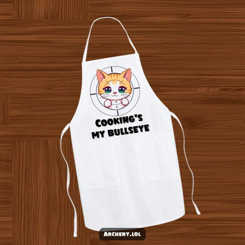 Funny apron with a curious cat peeking from behind a target after shooting. Humorous and practical for kitchen use.