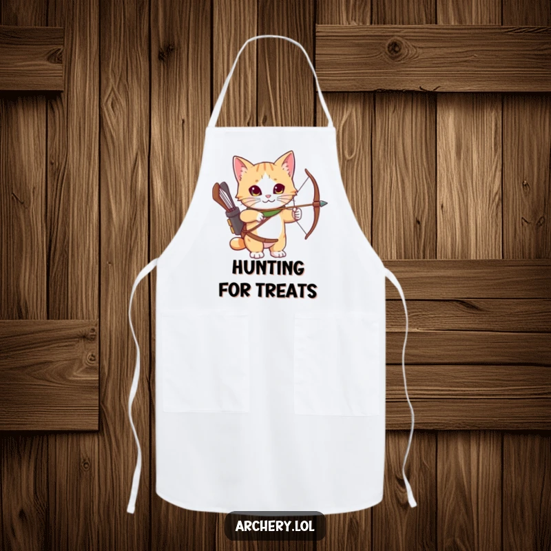 Funny Apron: A curious cat wearing an archery quiver, looking ready to cook with precision and style.