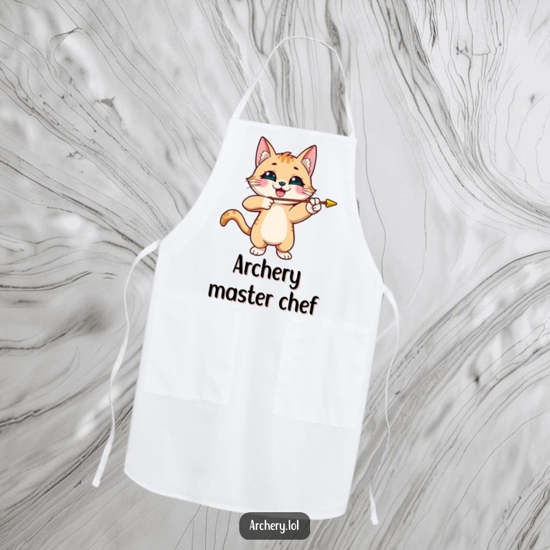 Funny cat archer apron with a smiling cat aiming an arrow, humorous kitchen wear and fun gift.