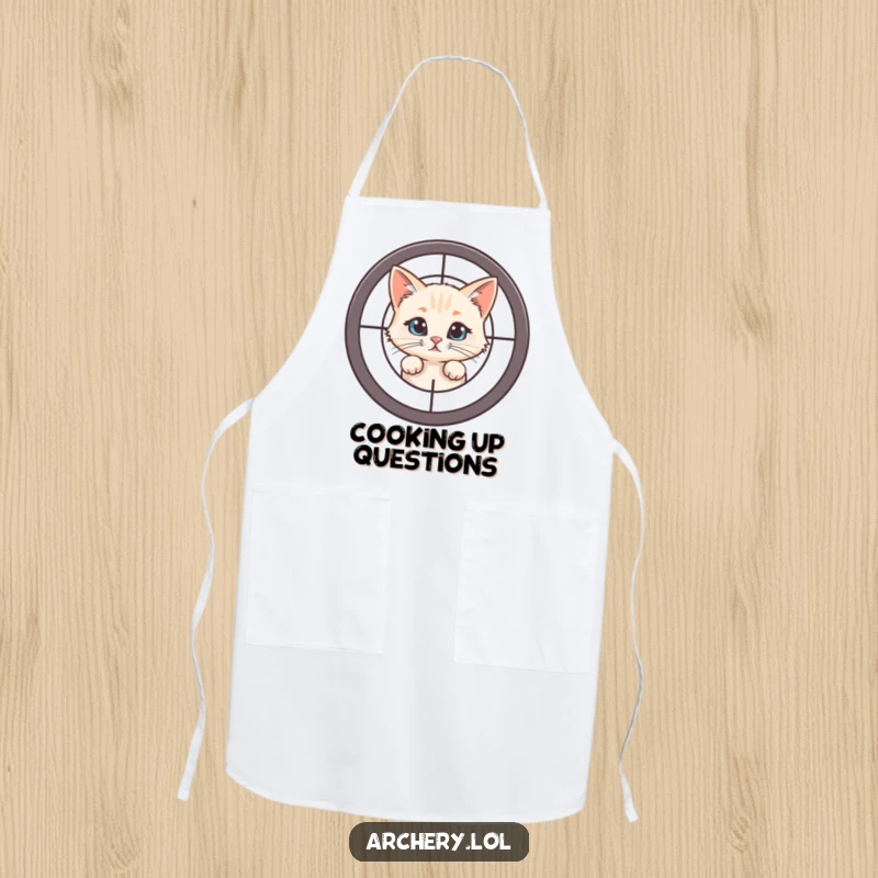 Funny Cat Target Apron: A curious cat peeks from behind a target, ideal for humorous kitchen wear.