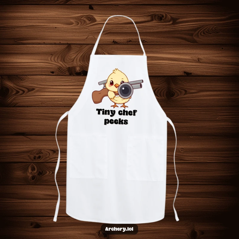 Funny apron depicting a curious chick peeking from behind an arrow quiver, perfect for kitchen fun with a humorous, cute archery theme.