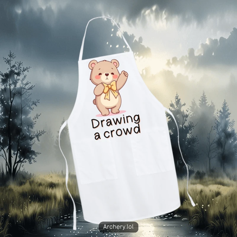 Funny apron displaying a dancing bear putting all its might into drawing a large bow, a humorous cooking companion.
