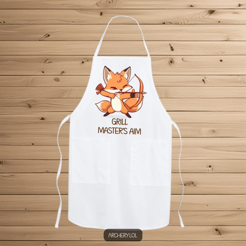 Funny apron showing a winking fox in a dynamic archery pose, ready to tackle any recipe.