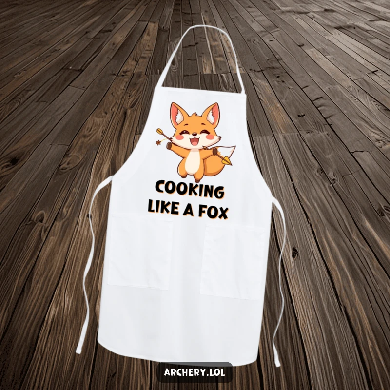 Funny fox archer apron showing a triumphant fox releasing an arrow, ideal for humorous cooking.