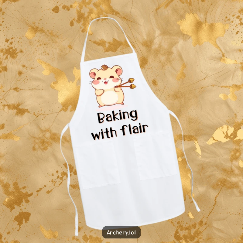 Funny hamster apron depicting a happy hamster shooting a miniature arrow, a humorous and functional kitchen accessory.