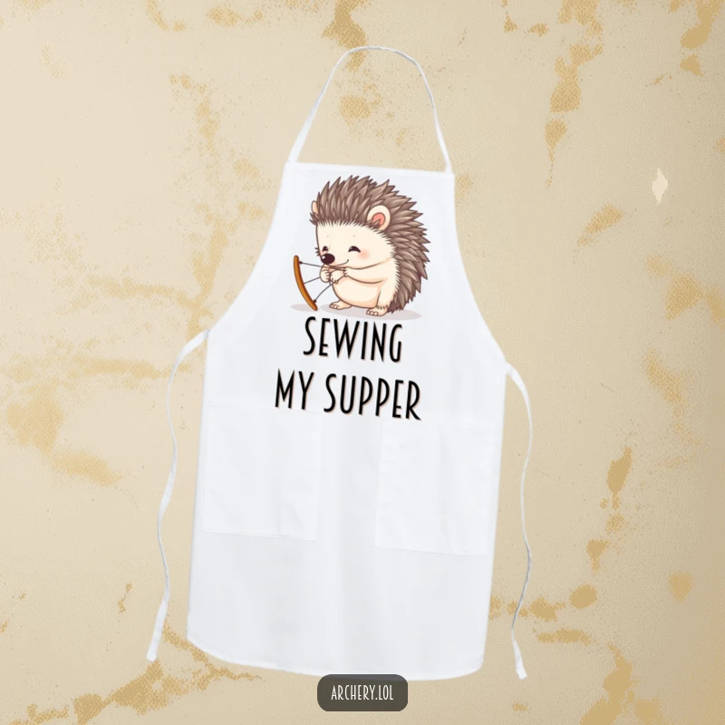 Funny apron showing a curious hedgehog trying to string a tiny bow, ideal for a humorous cooking experience.