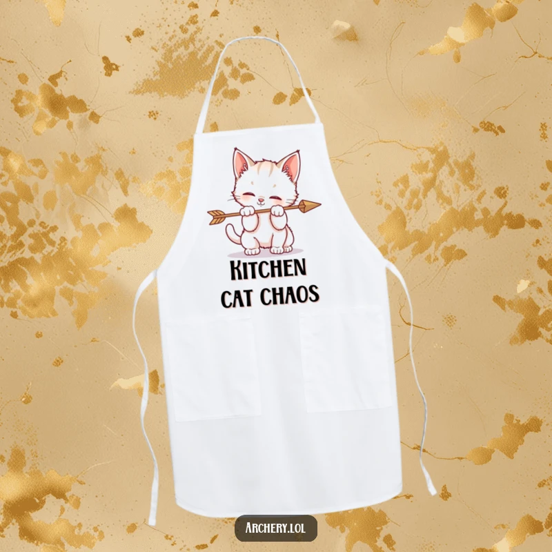 Funny apron displaying a kitten playfully batting at an arrow, a humorous addition to any kitchen.