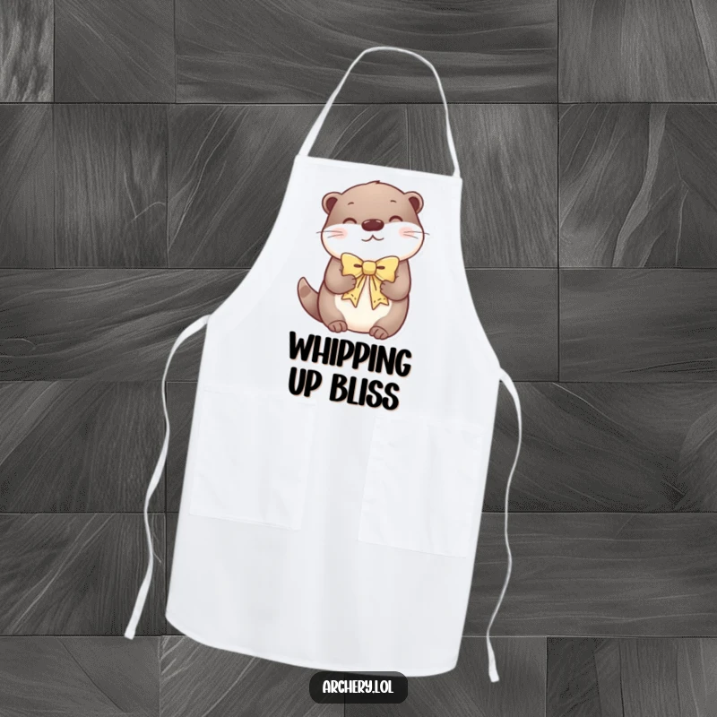 Funny apron showing a content otter holding a decorative bow, perfect for a serene cooking experience.