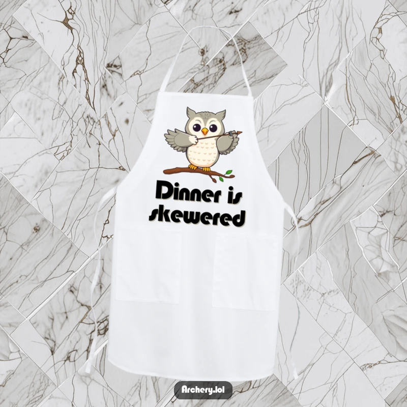 Funny Apron: A joyful owl perched, aiming an arrow with precision, ready to assist in the kitchen with flair.