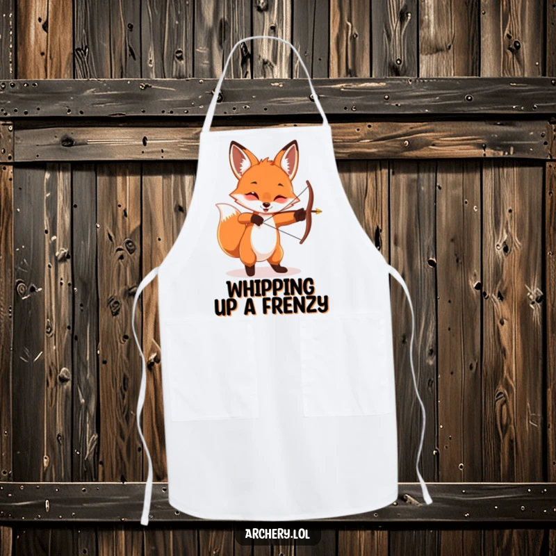 Funny playful fox apron, twirling a bow and arrow with a mischievous look, perfect for cooking.