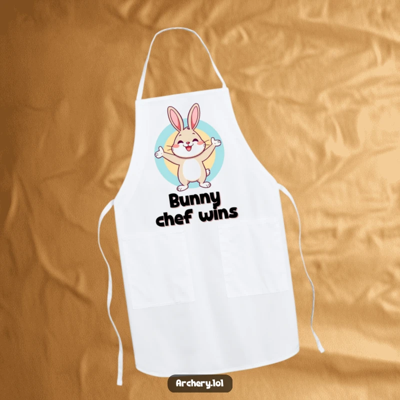 Funny apron depicting a cheerful rabbit celebrating a bullseye hit with a bow nearby, perfect for kitchen fun with a humorous archery theme.