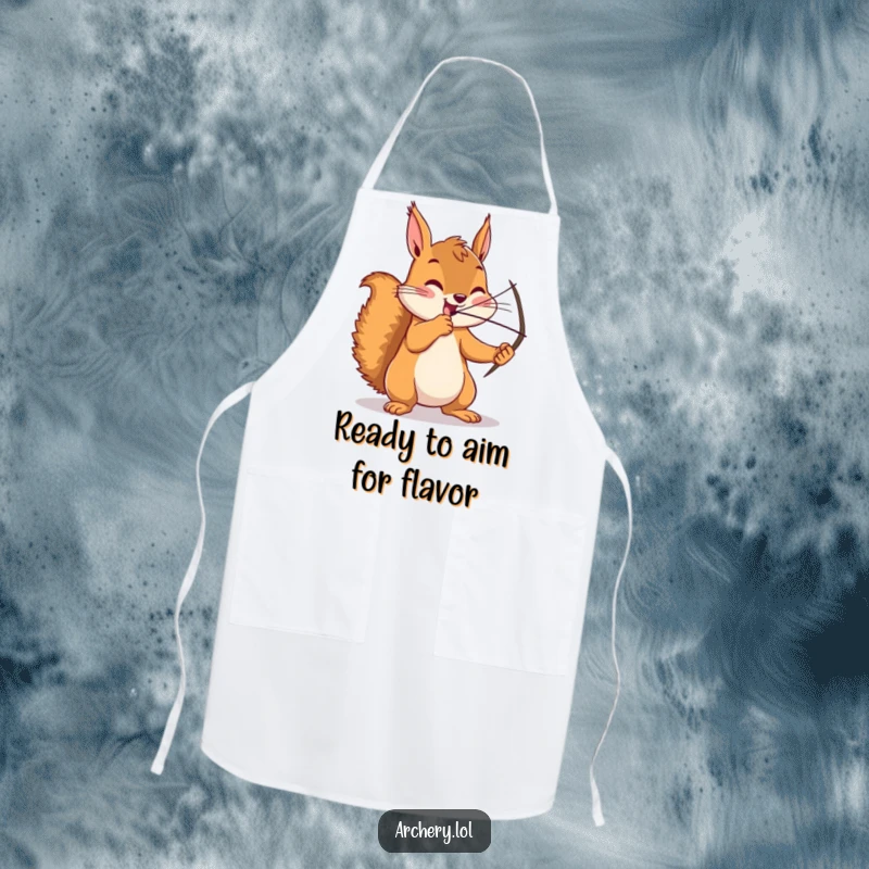 Funny squirrel apron, an enthusiastic archer drawing a bow with intense focus, ready to cook or bake perfectly.