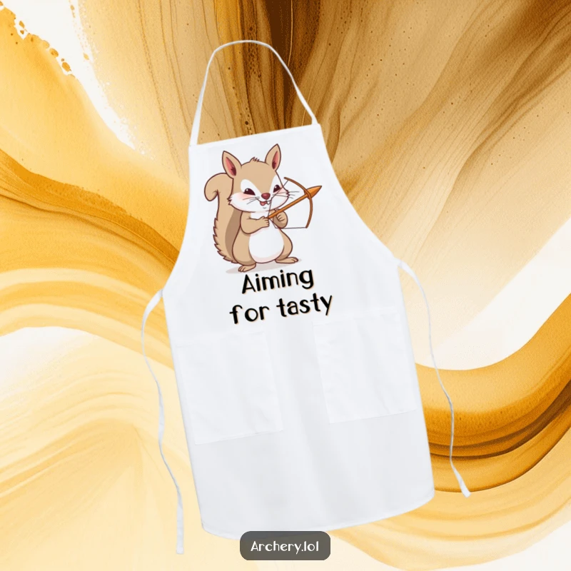 Funny squirrel apron, depicting a determined archer squirrel in the kitchen, ready to aim for culinary success with a tiny bow.