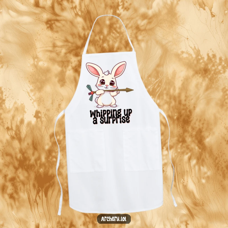 Funny timid rabbit apron, wide curious eyes, carefully aiming an arrow, perfect for kitchen use.
