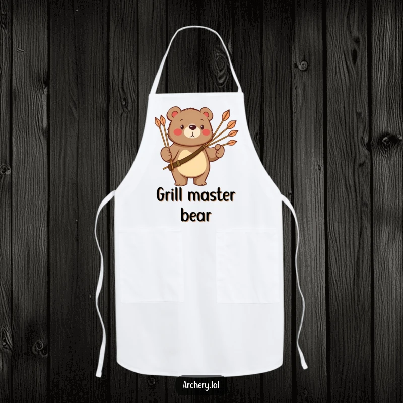 Funny bear apron depicting a proud bear holding a quiver of arrows, a humorous and functional kitchen accessory.