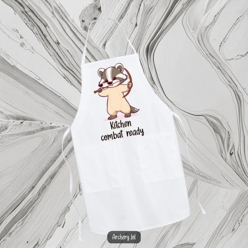 Funny badger apron depicting a determined badger with a drawn bow, a humorous and functional kitchen accessory.