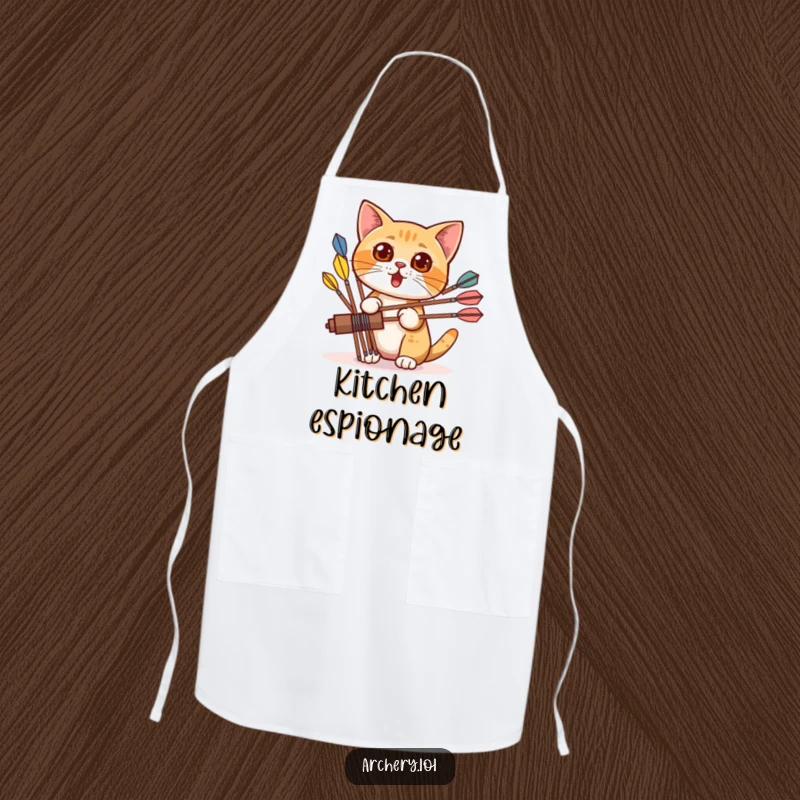 Funny apron with a surprised cat peeking from behind colorful arrows, bringing a humorous element to any cooking or crafting session.