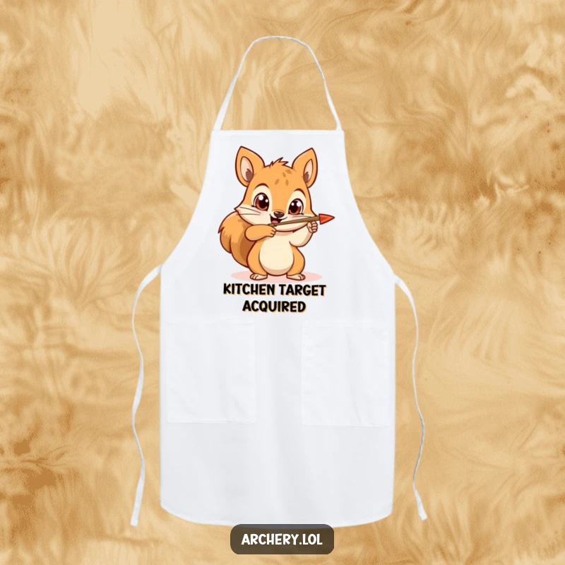 Funny squirrel archer apron with a happy squirrel aiming an arrow, wide determined eyes, ideal for kitchen activities.