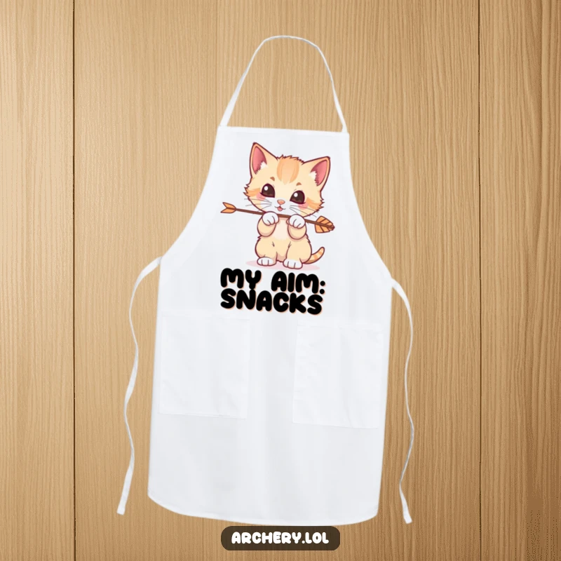 Funny Kitten Archer Apron: A humorous apron with a playful kitten attempting archery in the kitchen.