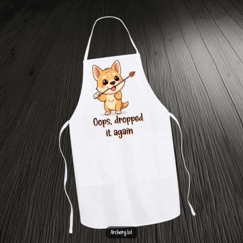 Funny apron depicting a silly dog with a bow, the arrow accidentally fired upwards, perfect for kitchen fun with a humorous pet theme.