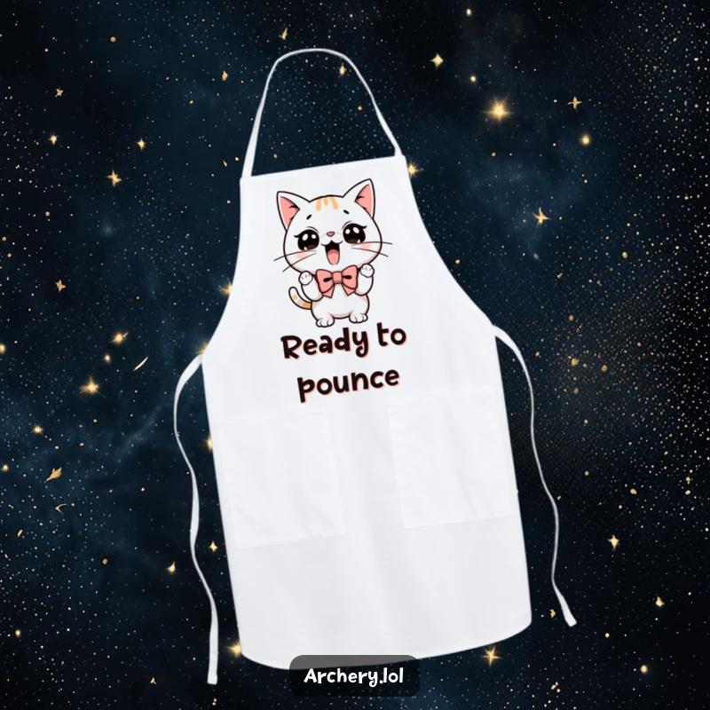 Funny apron showing a determined cat with focused whiskers, holding a small bow and arrow in a cooking pose.