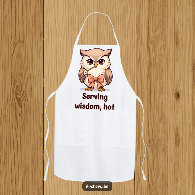 Funny owl archer apron showing a determined owl drawing a bow, ideal for humorous kitchen adventures.
