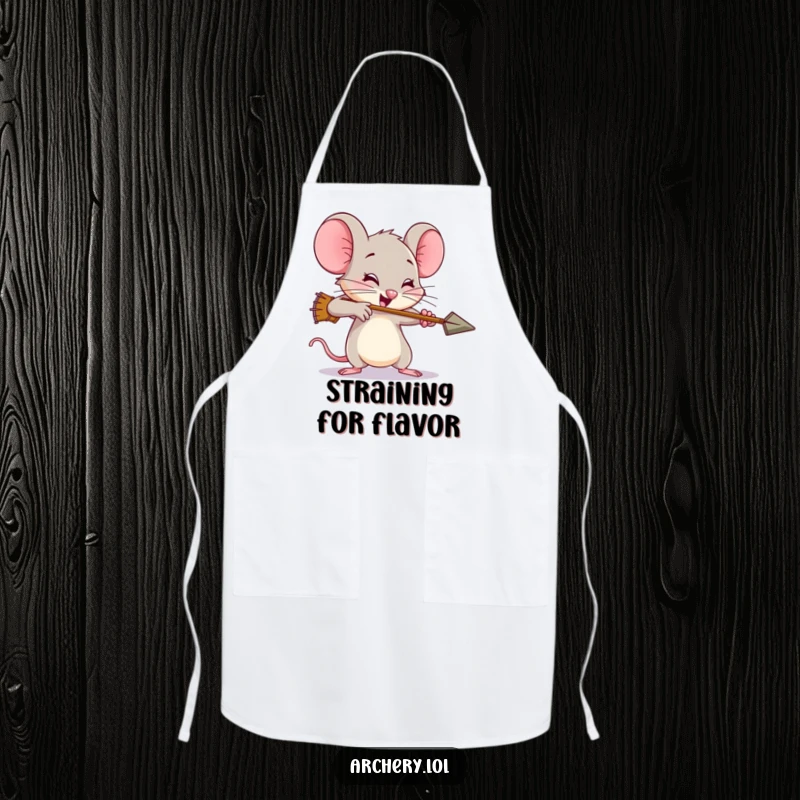 Funny mouse apron, a brave archer mouse putting in exaggerated effort to shoot an arrow, perfect for the dedicated cook.