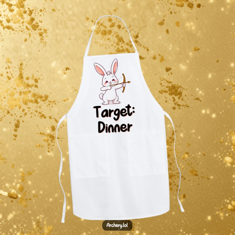Funny apron with a happy bunny drawing a bow, aiming with a smile. Ideal for cooking and a humorous, practical funny gift.