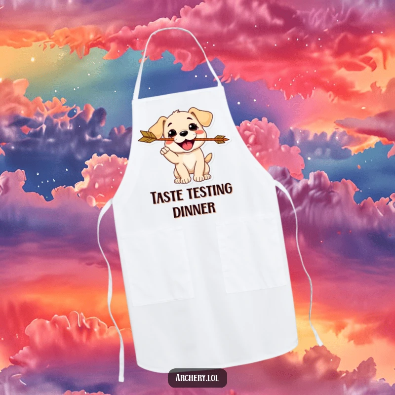Funny Puppy Archer Apron: A delighted puppy catches an arrow in its mouth, ideal for humorous kitchen wear.