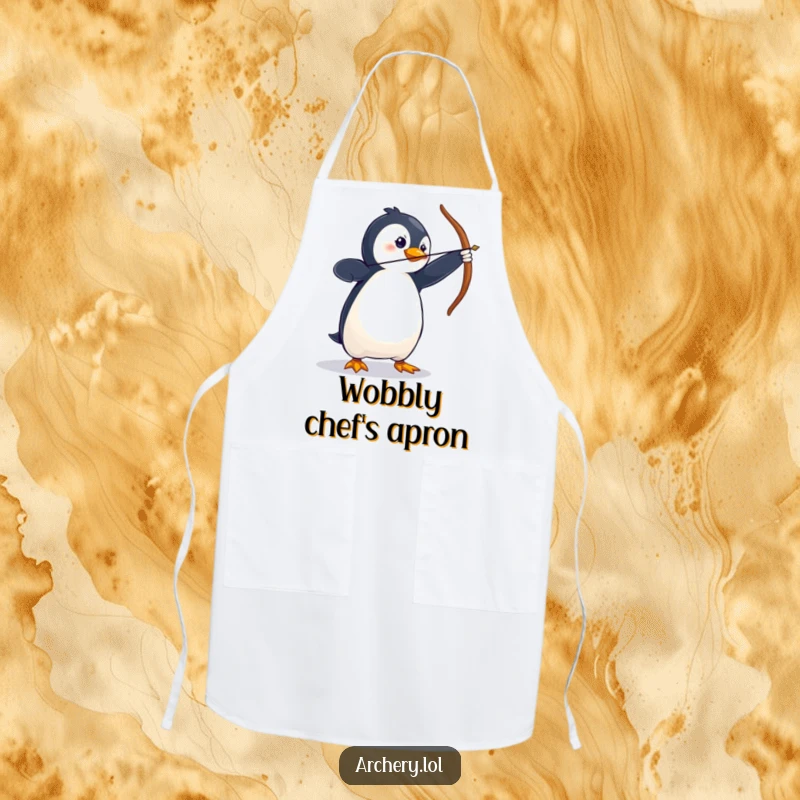 Funny Apron featuring a wobbly penguin in a dramatic archery stance, perfect for kitchen fun.