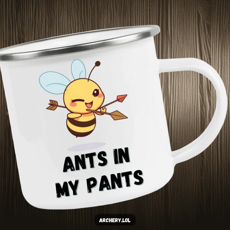 Funny Bee Archer Camping Mug: A determined bee aims a bow and arrow, perfect for enjoying drinks by the campfire.