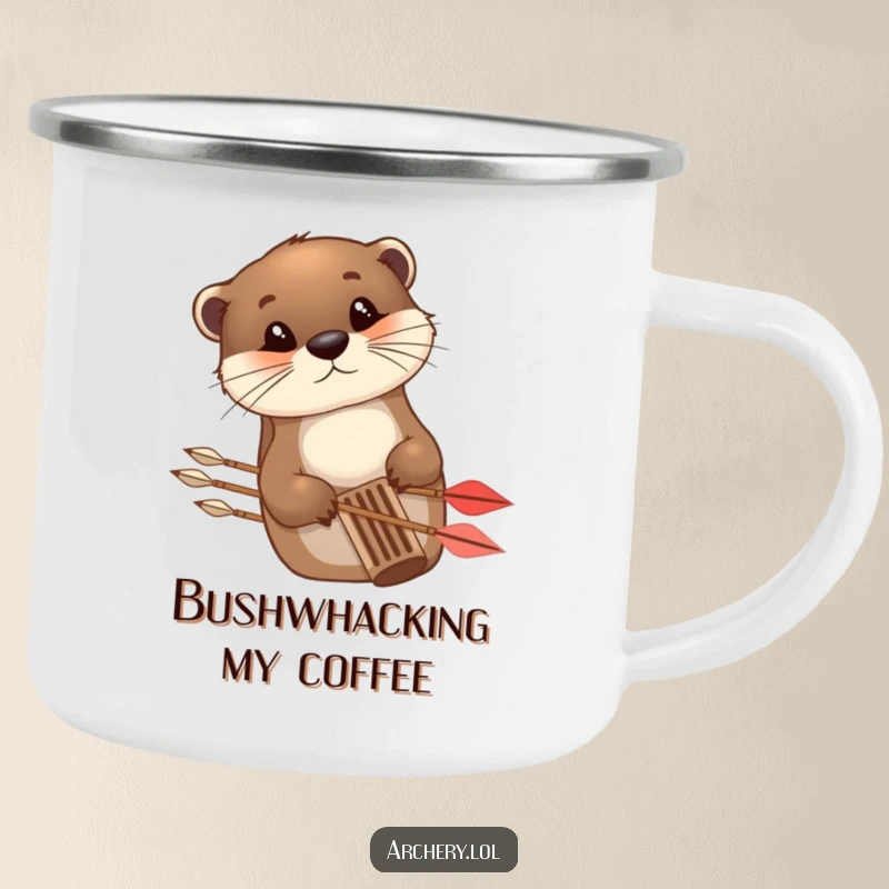 Funny Camping Mug with a curious otter peeking from behind an arrow quiver, perfect for outdoor adventures.