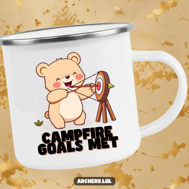 Funny happy bear camping mug, aiming an arrow at a target, perfect for outdoor enthusiasts.