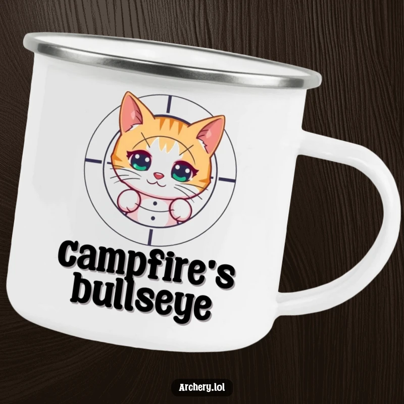 Funny camping mug with a curious cat peeking from behind a target after shooting. Durable and humorous for outdoor trips.