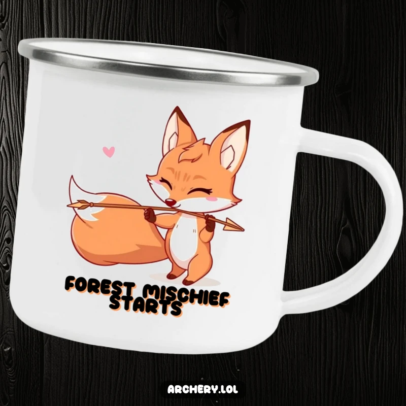 Funny Mischievous Fox Camping Mug: A winking fox shoots an arrow, ready for outdoor adventures and hot beverages.