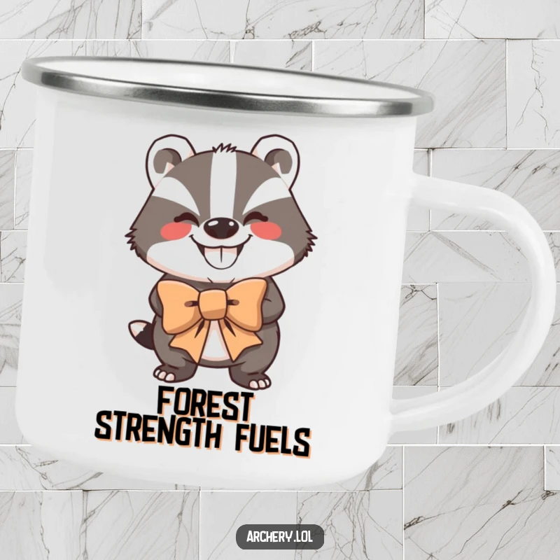 Funny Camping Mug: A grinning badger holding a large bow, looking strong and ready for the outdoors.