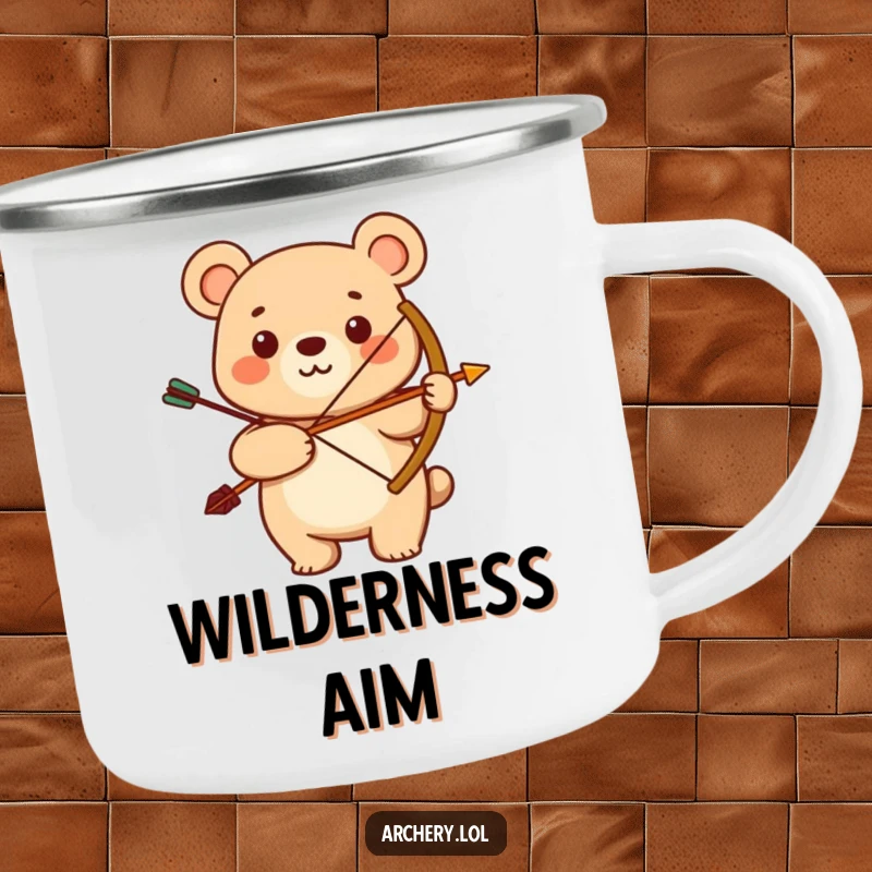 Funny camping mug with a smiling bear proudly holding a bow and arrow. Sturdy and humorous for camping trips.