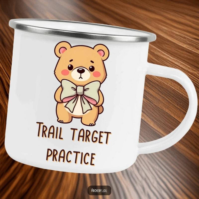 Funny camping mug showcasing a determined bear character aiming a large bow, perfect for outdoor drinks with a humorous archery design.