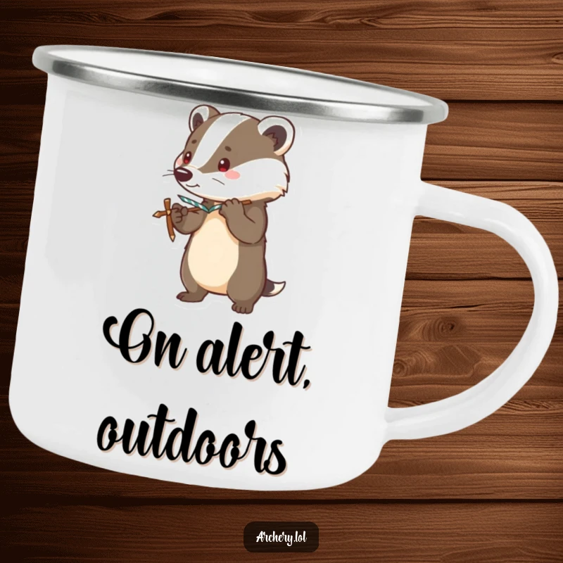 Funny camping mug featuring a brave badger in an alert stance, bow drawn taut, perfect for outdoor enthusiasts.