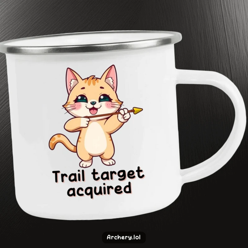 Funny cat archer camping mug with a smiling cat holding an arrow, durable and humorous outdoor gift.