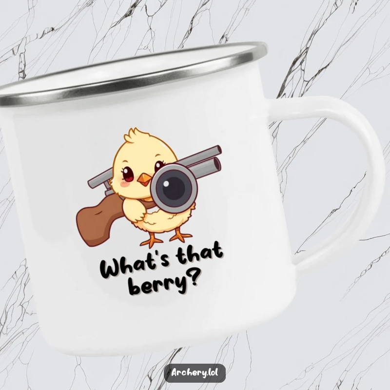 Funny camping mug with a curious chick peeking from behind an arrow quiver, perfect for outdoor drinks with a humorous, cute archery design.