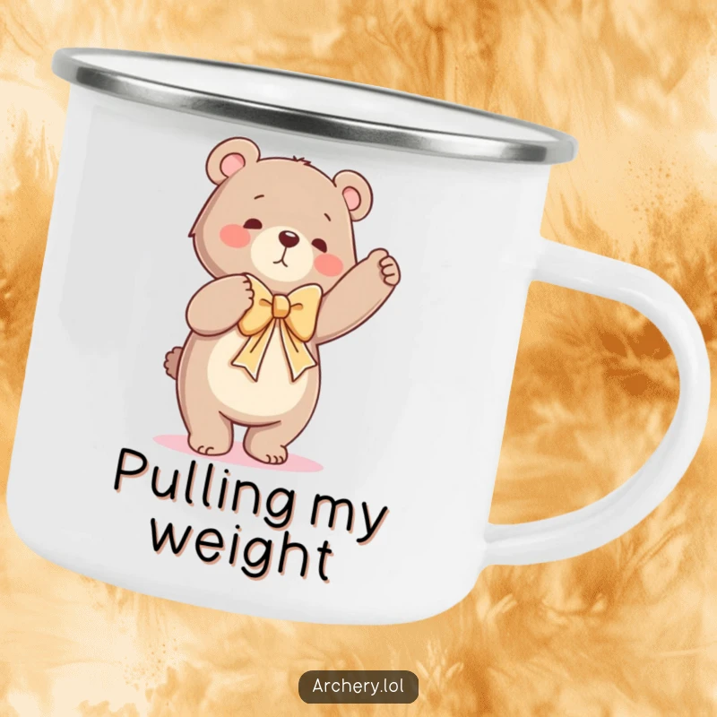 Funny camping mug featuring a dancing bear struggling comically to draw a large bow in an outdoor setting.