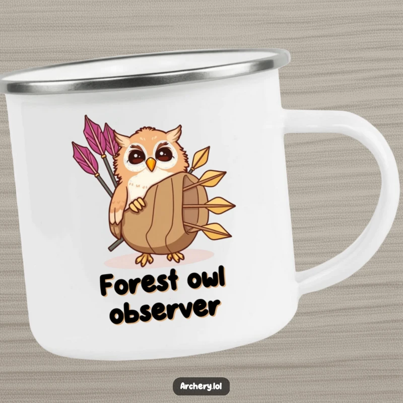 Funny giggling owl camping mug with a playful owl peeking from a quiver of arrows, durable and humorous gift.