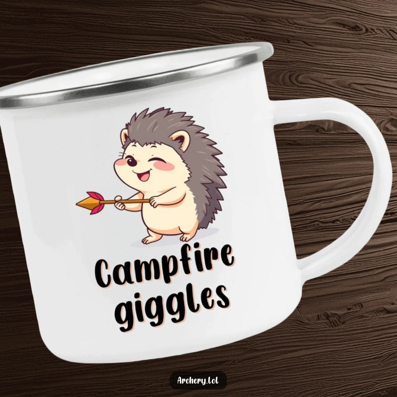 Funny camping mug with a giggling hedgehog drawing back an arrow with playful intensity, perfect for outdoor adventures and enjoying drinks with enthusiasm.