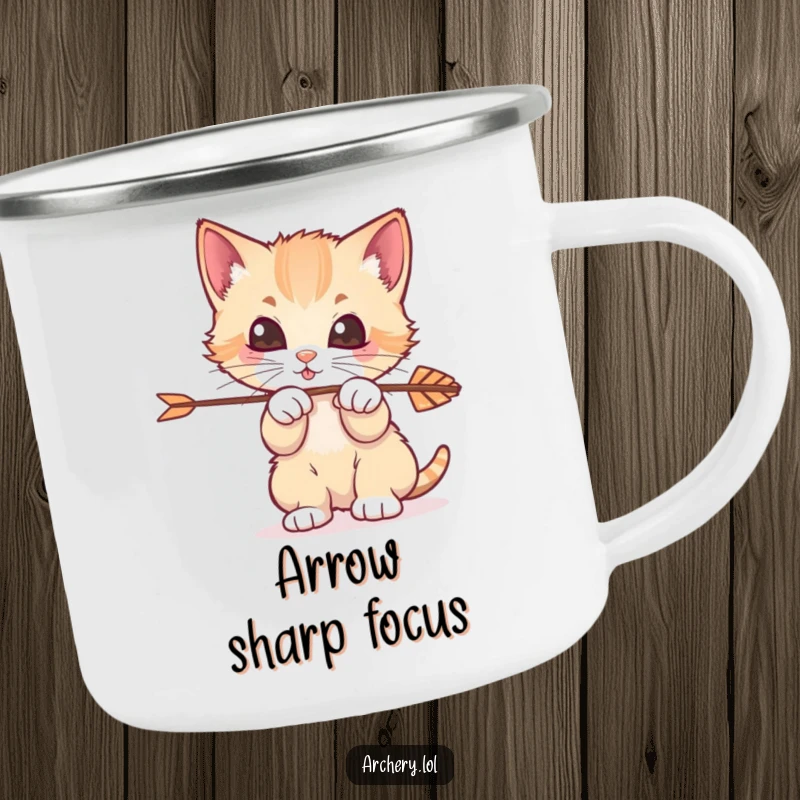 Funny Kitten Archer Camping Mug: A durable mug for outdoor adventures, featuring a playful kitten batting at an arrow.